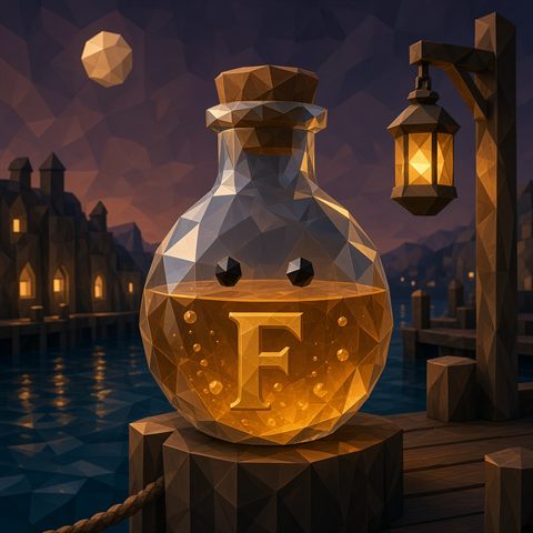 Flareo, a small glass vessel of amber light, resting on a harbor post at night